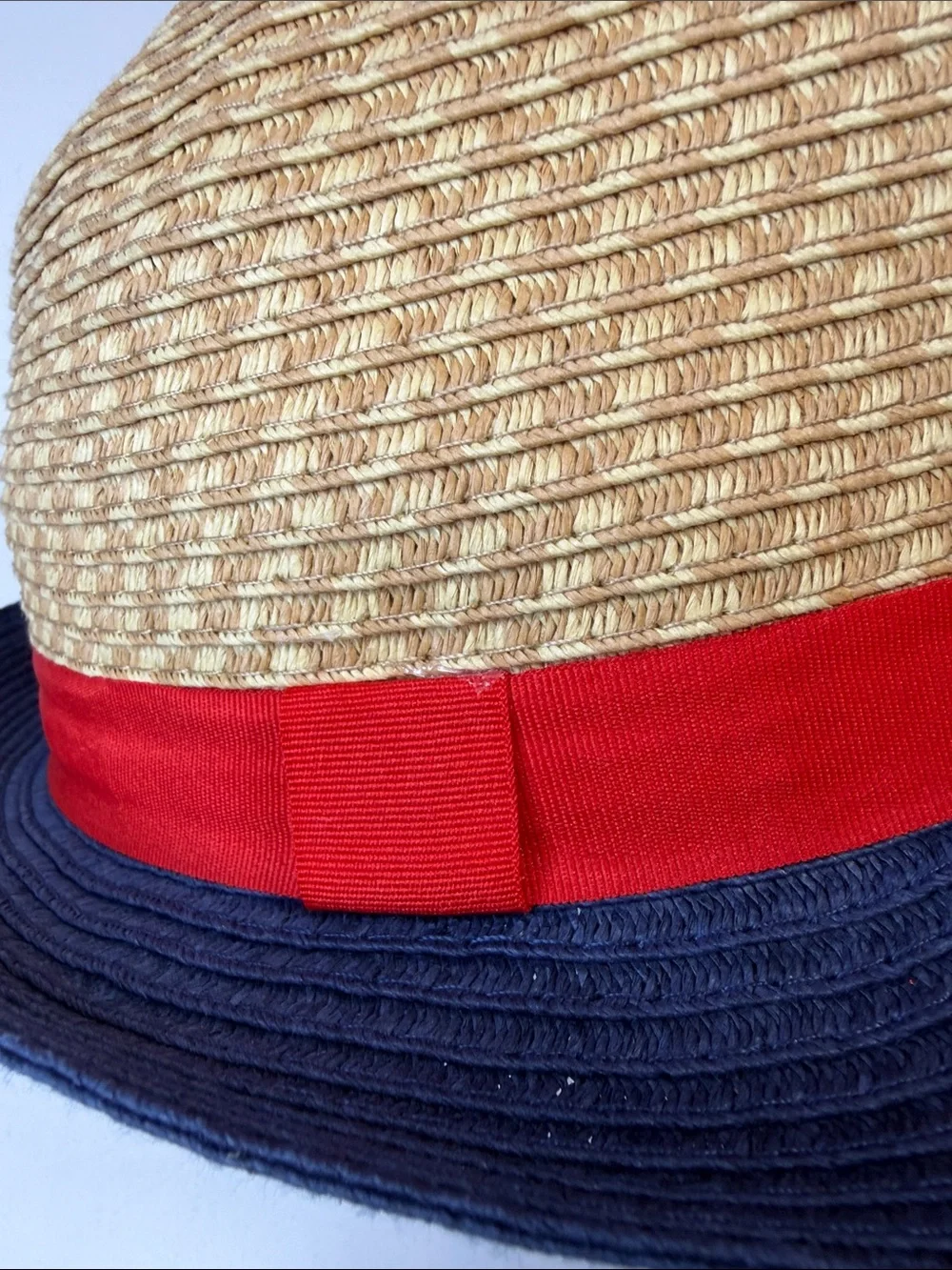 Kids Straw Bucket Hat with Red Band and Navy Brim One Size Fits Most